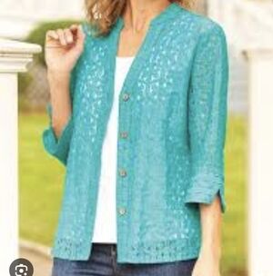 Rebecca Malone Aqua Lace Button-Up Blouse